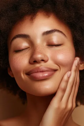 Mannequin à la peau brune foncée, aux cheveux noirs et aux yeux très foncés, illustrant le phototype V : une peau très résistante au soleil.