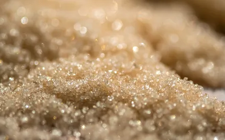 Macro-photographie très rapprochée de grains de sucre pour illustrer un peeling au sucre.