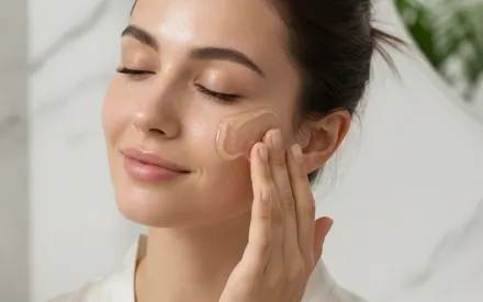 Mannequin en train d'appliquer avec ses doigts un masque crème à la texture gel sur son visage